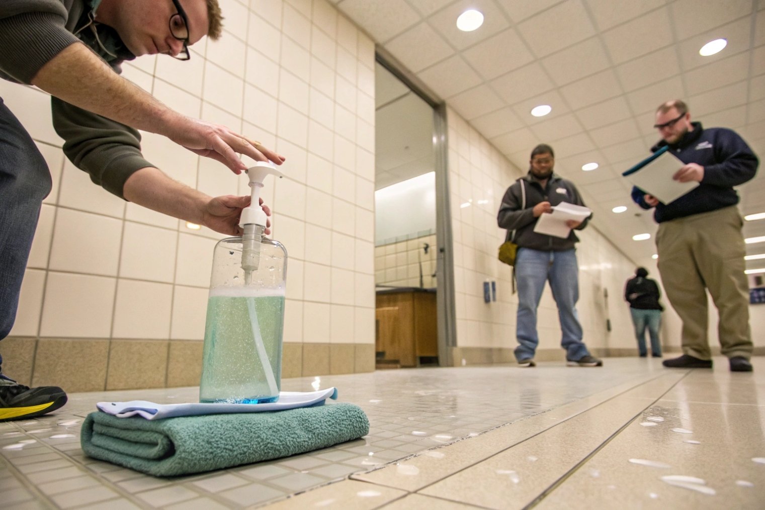 technician testing large soap pump bottle for dispensing performance in tiled hallway