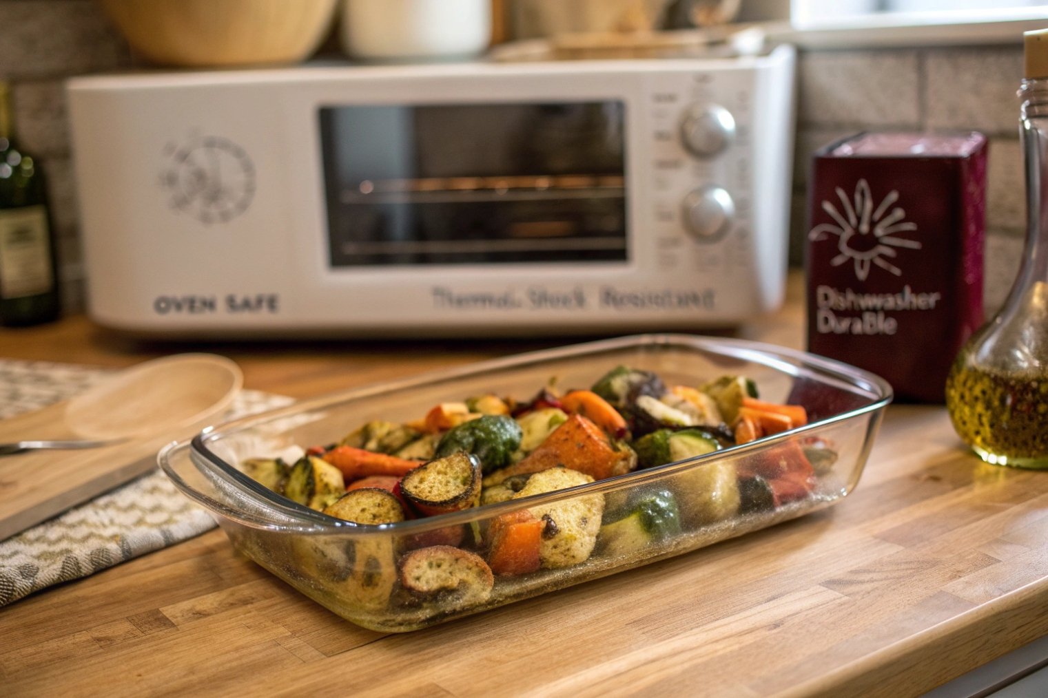 Oven-safe borosilicate glass baking dish with roasted vegetables in modern kitchen for home cooking