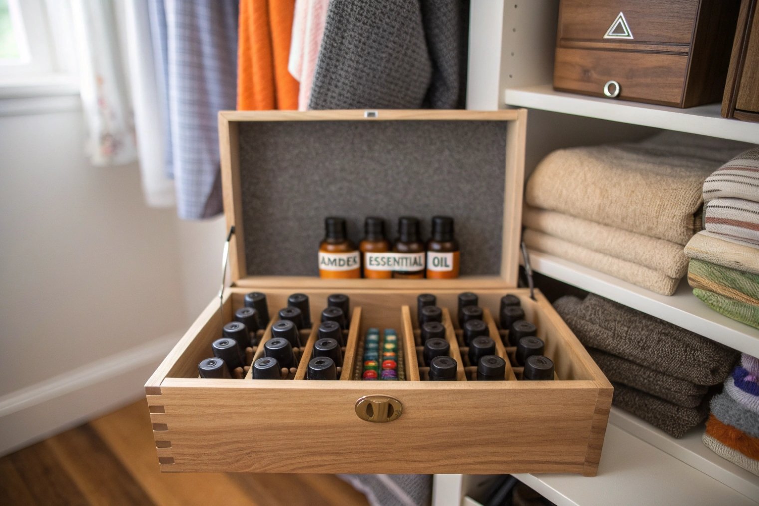 wooden storage box filled with amber essential oil bottles organized in wardrobe shelf