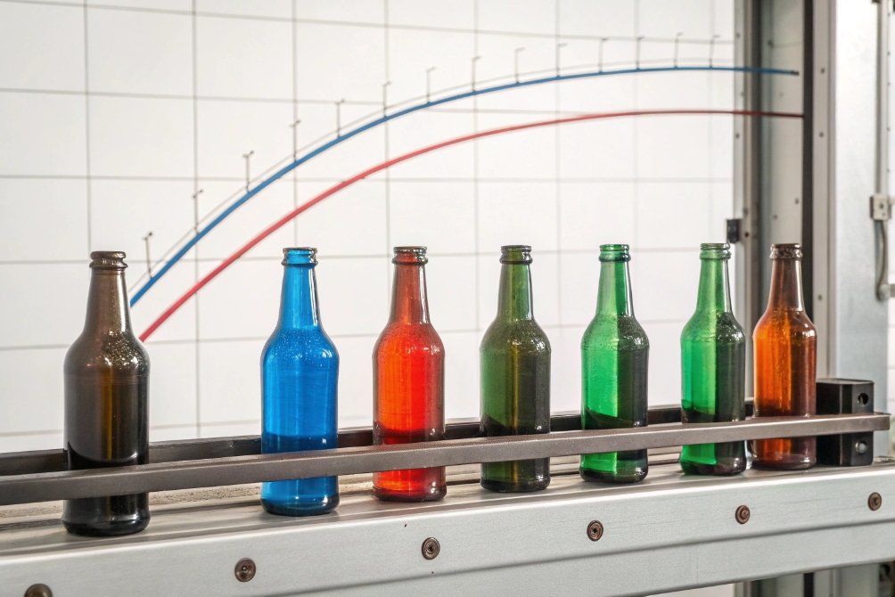 Multicolored glass beer bottles aligned for performance testing with graph backdrop