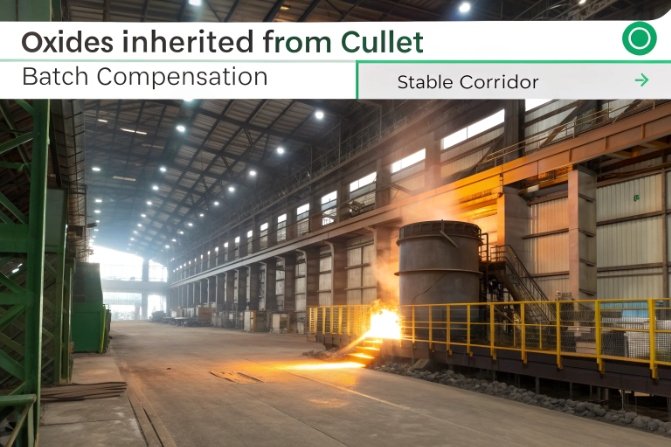 Glass plant furnace scene about cullet oxides and batch compensation stable corridor.