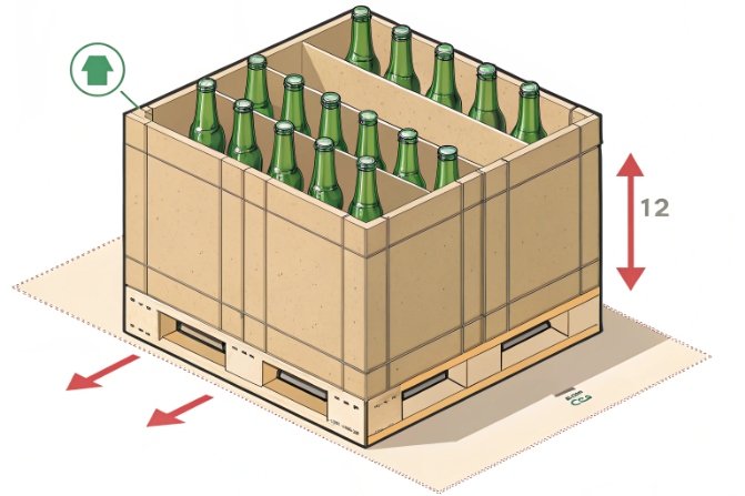 Palletized crate of green bottles illustrating unit-load stability, dimensions, and handling directions.