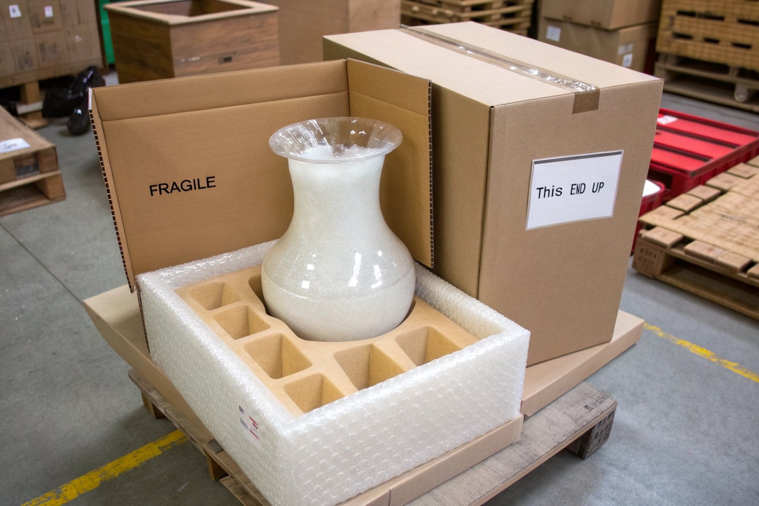 Fragile glass vase packed in custom foam and cardboard shipping box