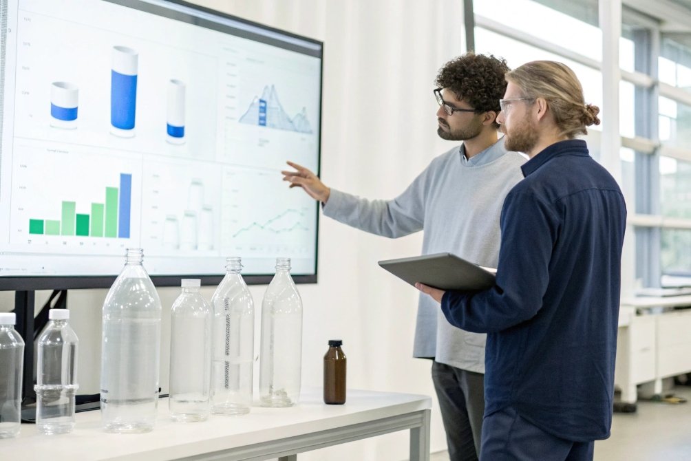 Packaging engineers reviewing performance charts beside prototype plastic and glass bottles