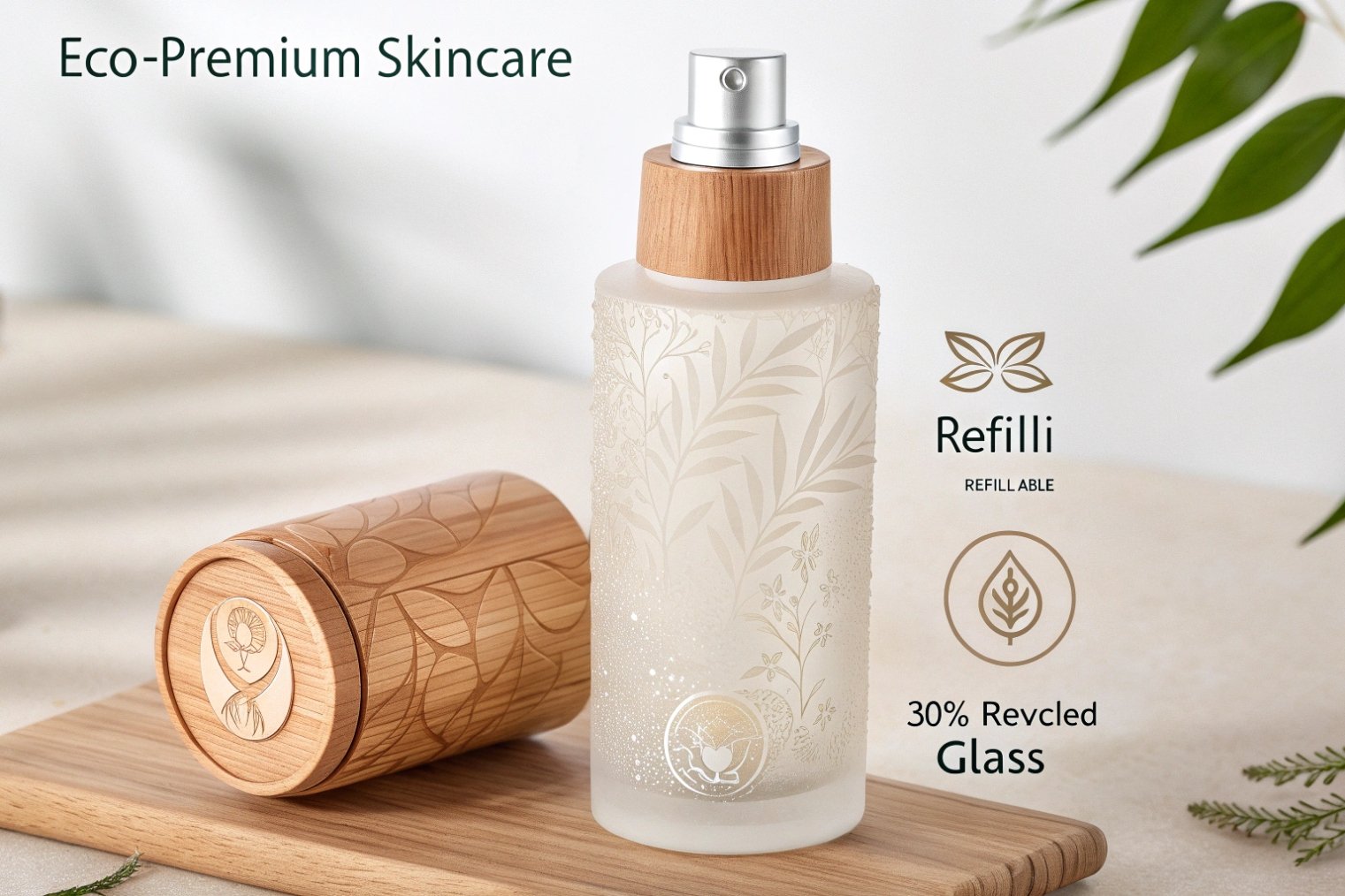 eco friendly frosted glass skincare bottle with wooden cap and refillable sustainable packaging message