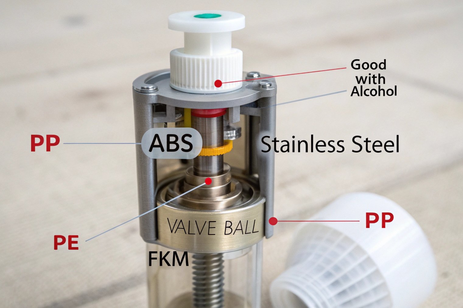 Sectioned pump assembly showing internal spring, valve ball and seals, with labels for PP, PE, ABS, FKM and stainless steel components and a note that it performs well with alcohol-based formulas