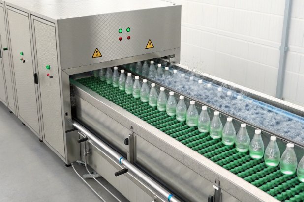 Rinsing machine spraying water over bottles on green conveyor for cleaning and sanitizing