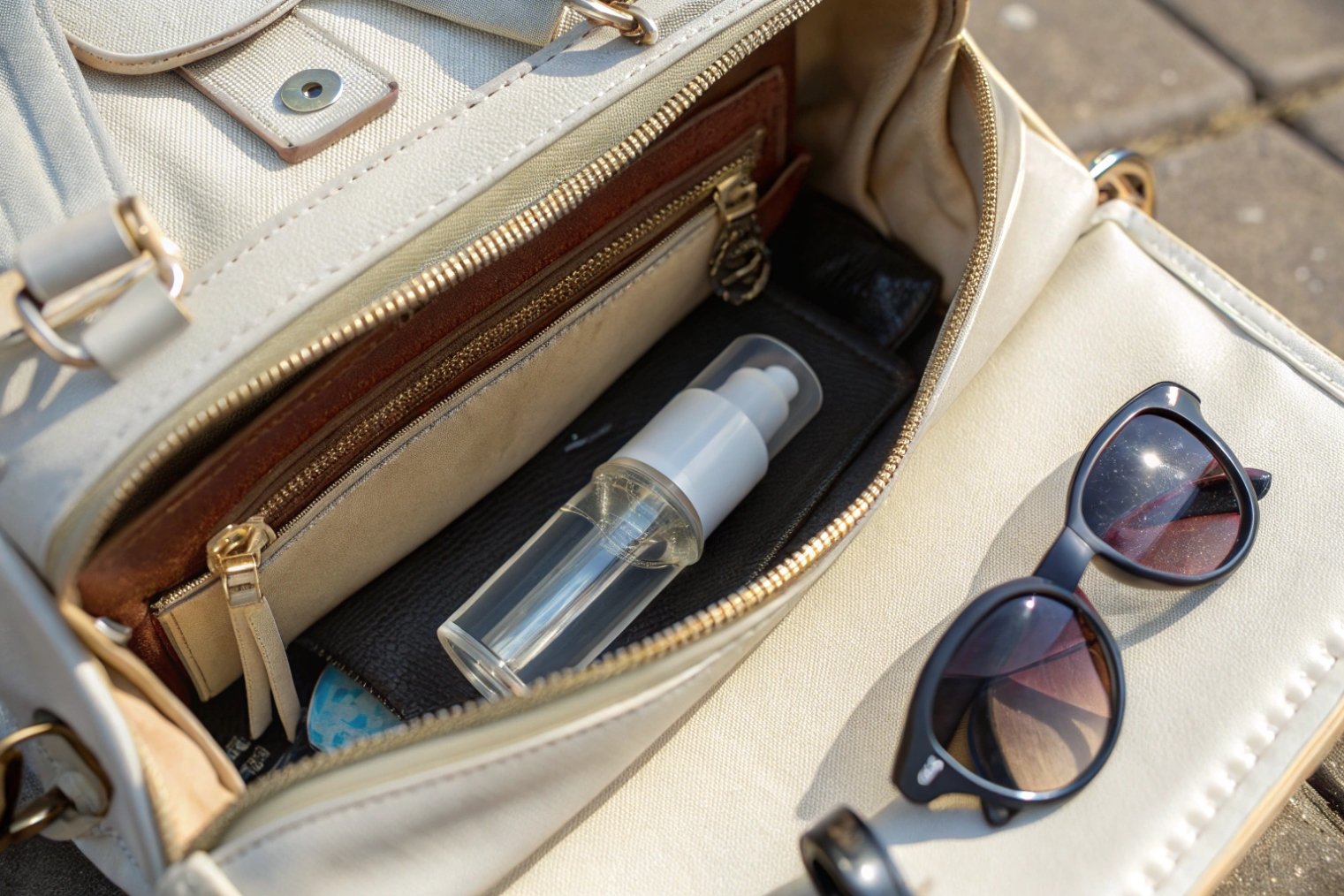 small clear spray bottle in beige handbag beside sunglasses
