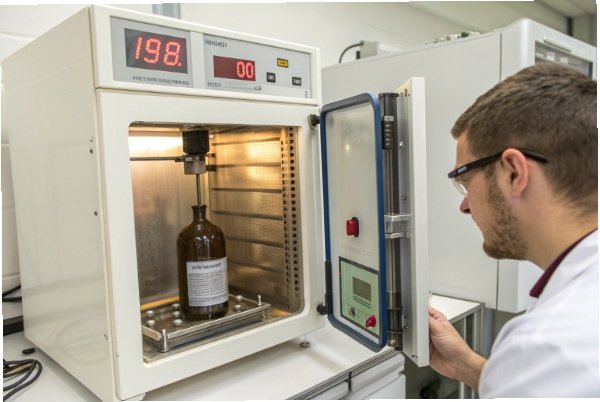 Technician performing high temperature test on amber bottle in lab chamber