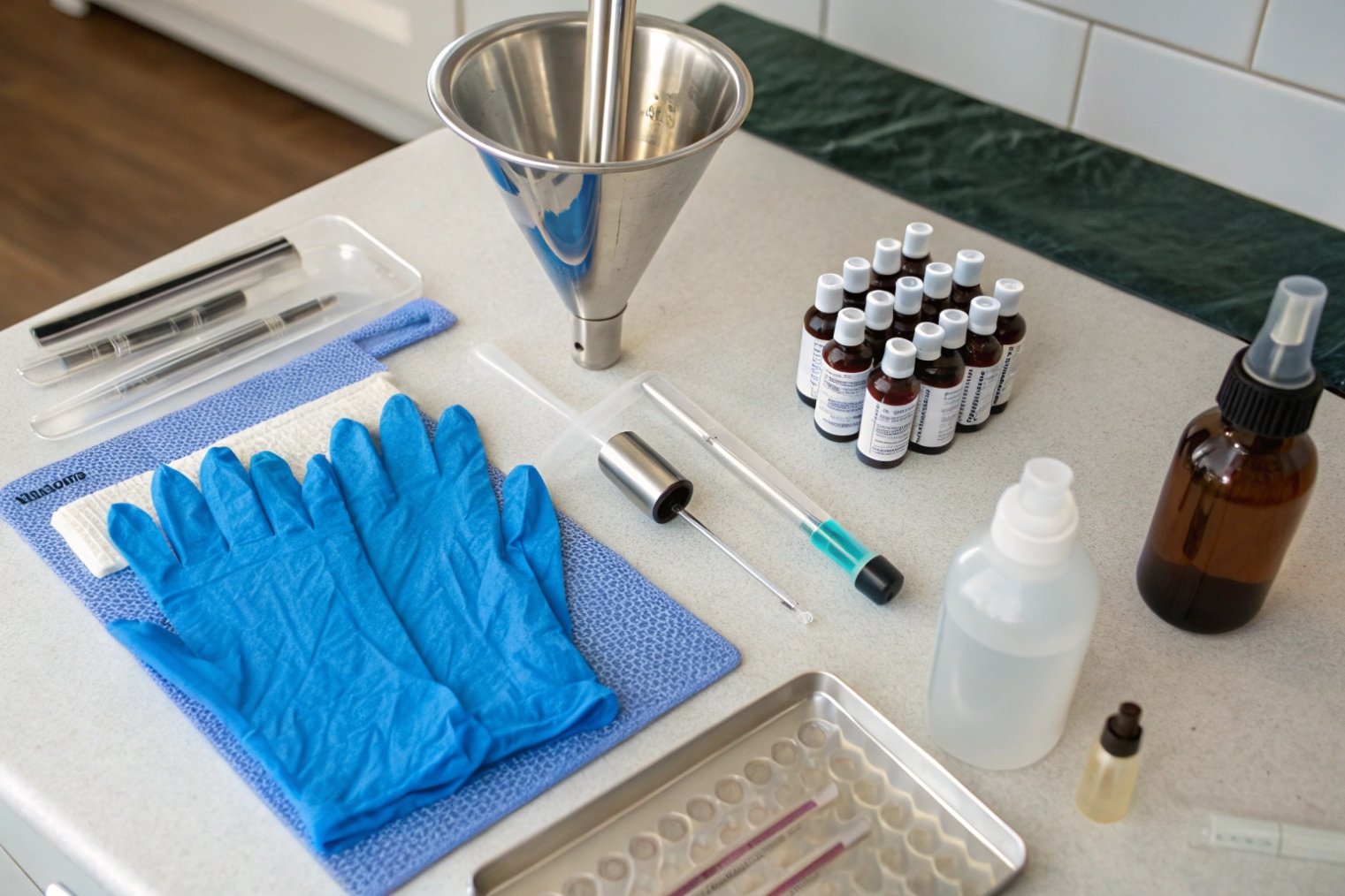 DIY serum filling setup with gloves funnel amber bottles and syringes on counter