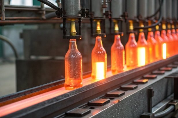 Hot glass bottles glowing on annealing line under forming machines in factory