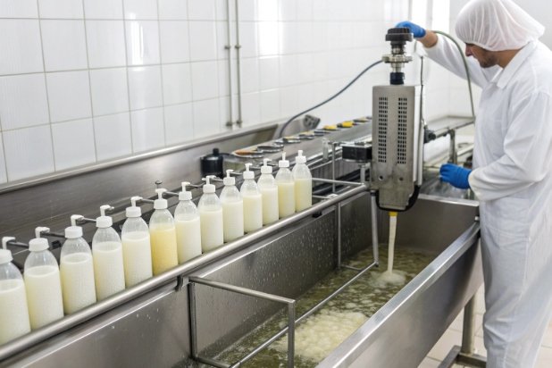 Sanitary bottling line with worker monitoring filled bottles in food processing facility