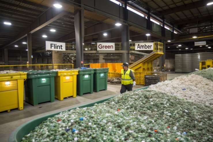 Recycling plant sorting flint green amber glass bottles into color-coded collection containers