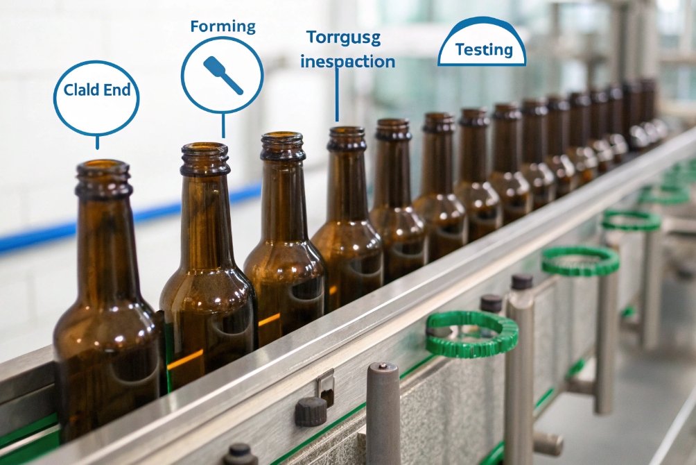 A row of bottles in the production process with inspection labels