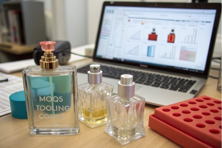 Custom perfume glass bottle prototypes with MOQs tooling costs text beside laptop