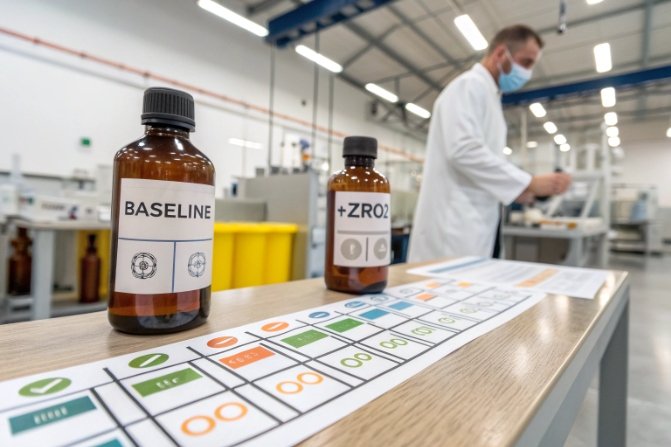 Laboratory QC compares baseline and ZrO2 glass samples for batch stability and quality.