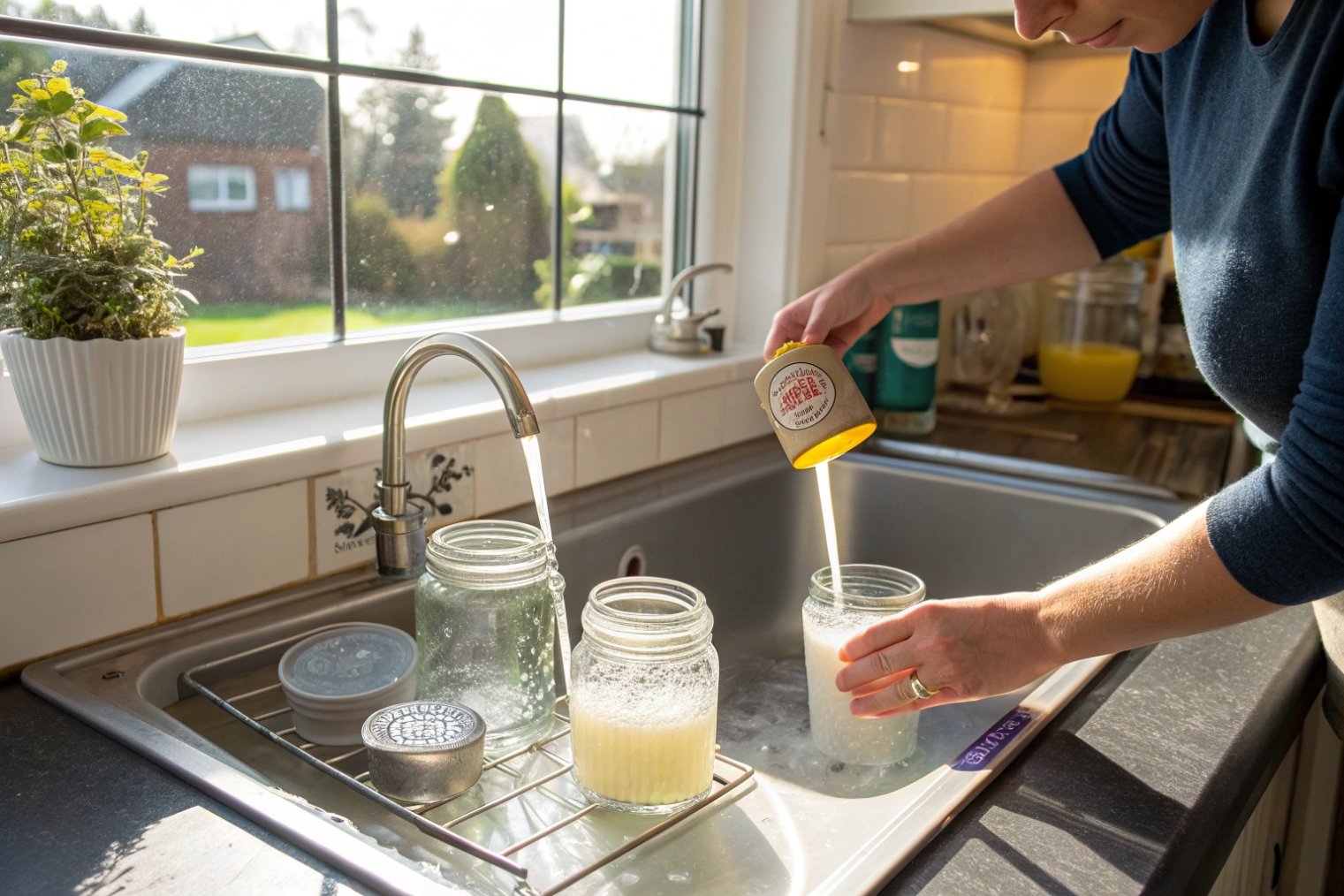 woman washing empty glass candle jars in kitchen sink for reuse or recycling
