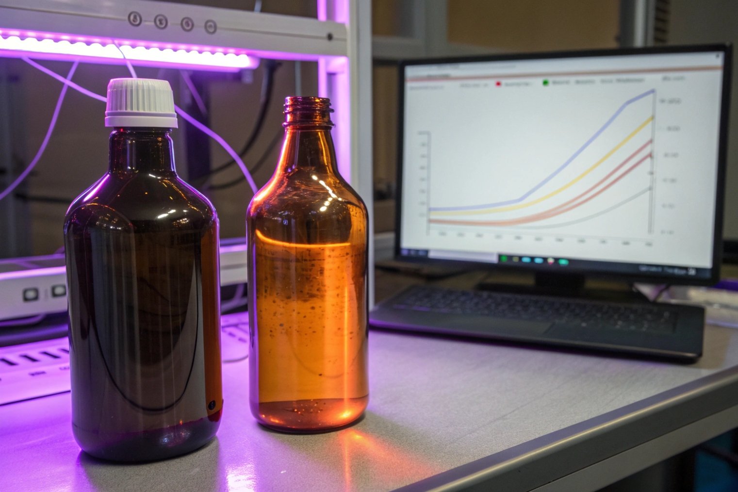Amber glass bottles exposed to UV light with protection performance graph on screen