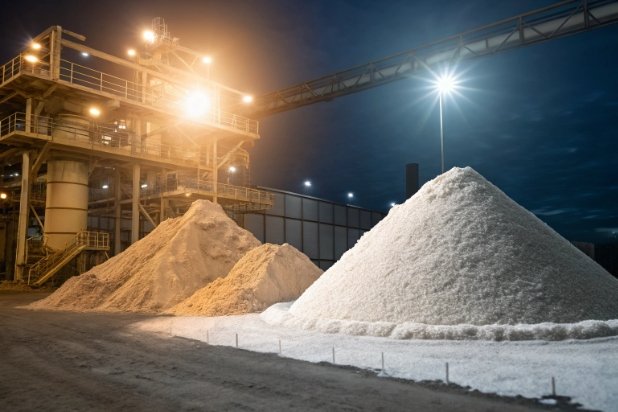 Silica Sand Stockpile Silica sand piles at industrial site under night lights for glass batch materials