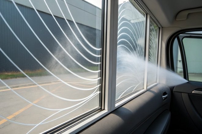 Car window spray test showing water stream and airflow lines on glass