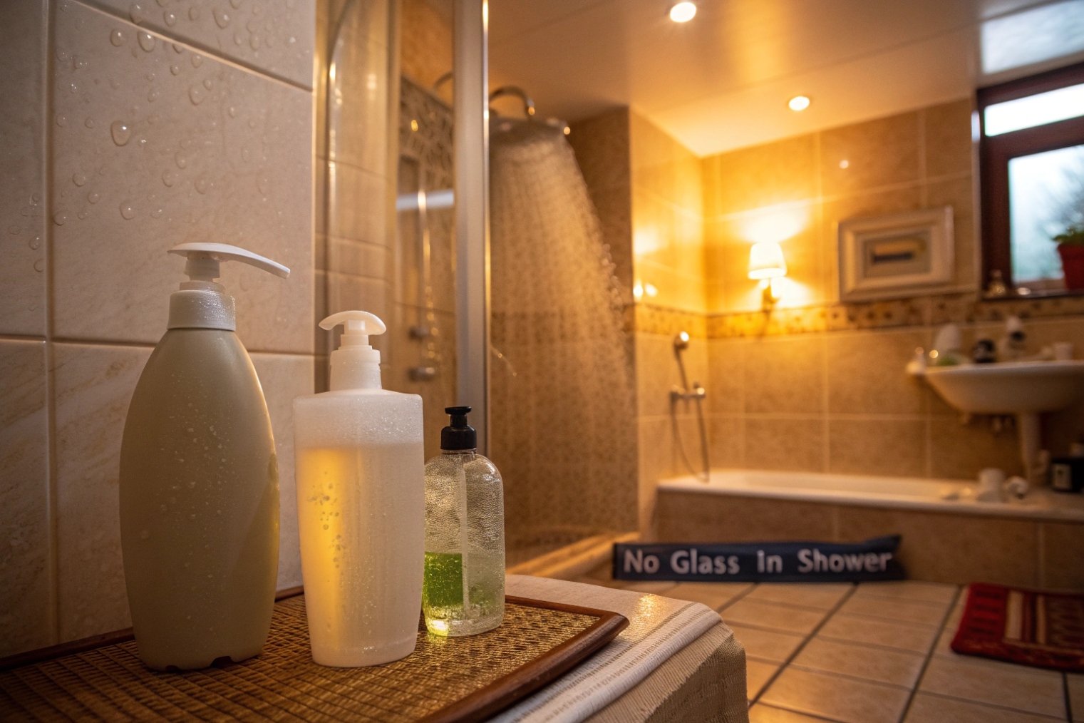 Warm bathroom with three plastic pump bottles by the shower and a ‘No Glass in Shower’ sign in the background
