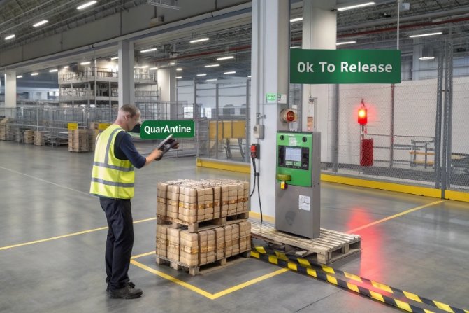 Warehouse quality inspector checks quarantined pallet before approval on ok to release station