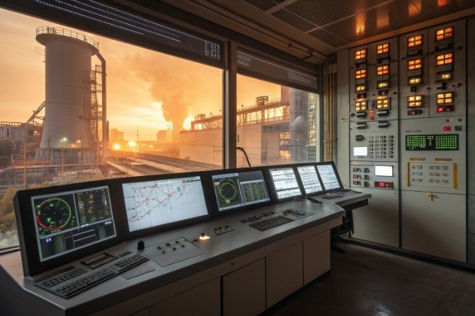 Glass furnace control room monitors process data and energy performance across production line.