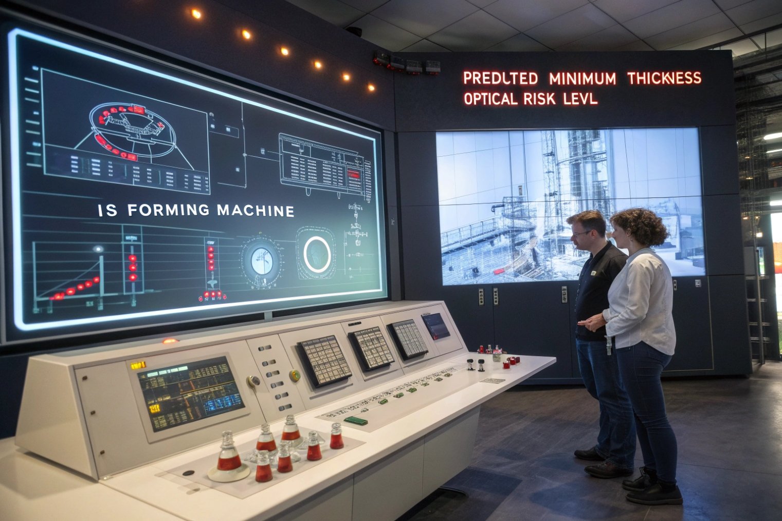 Control room with large IS forming machine display and sign reading ‘Predicted minimum thickness optical risk level’ as engineers review data