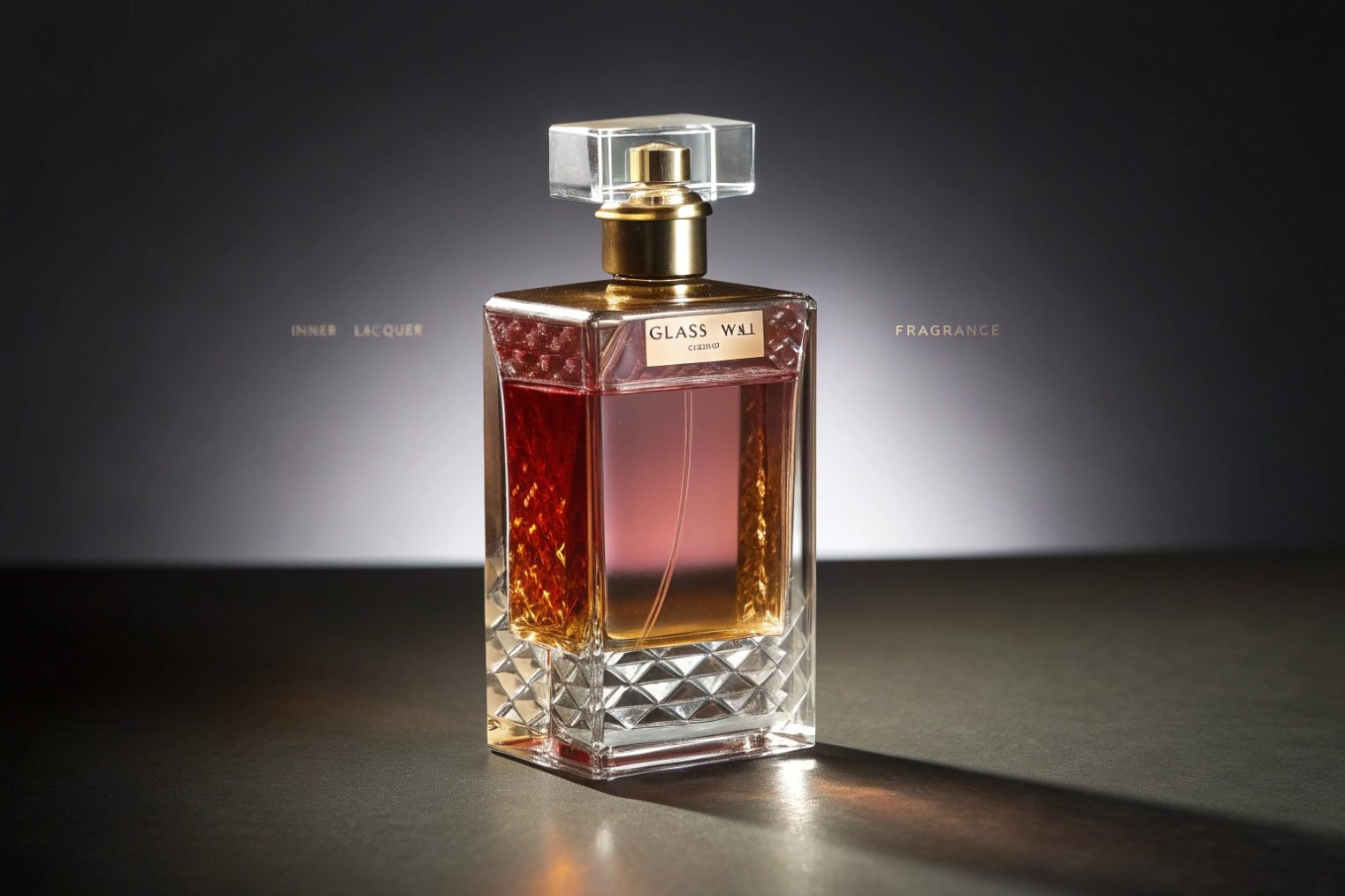 Luxurious faceted perfume bottle with gradient amber-to-rose liquid, gold hardware and a clear block cap, spotlighted against a dark background