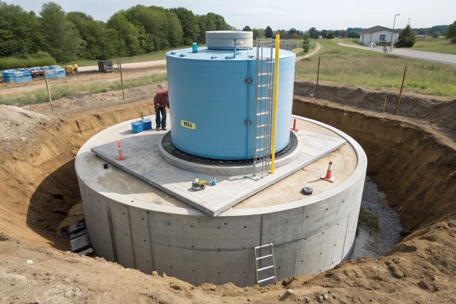 Installed glass-fused-to-steel storage tank on concrete foundation at construction site