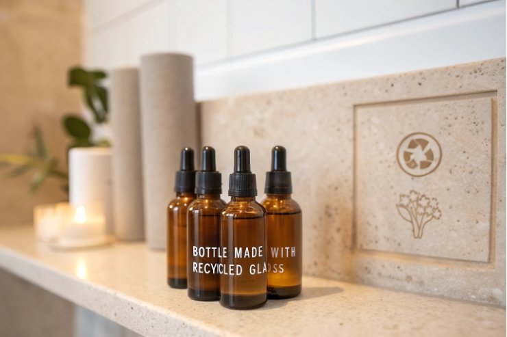 Recycled glass droppers Amber dropper bottles labeled bottle made with recycled glass on bathroom shelf