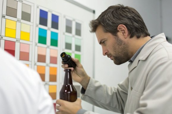 Technician inspects amber bottle color and finish using handheld gauge in lab