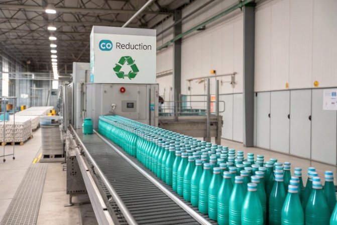 Teal glass bottles on conveyor under CO reduction sign in sustainable bottling plant