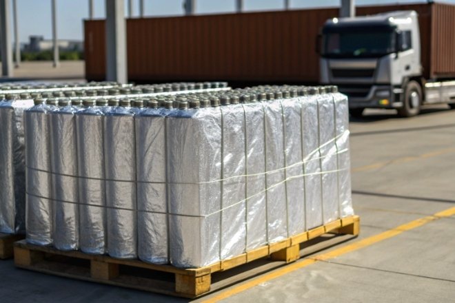 Palletized glass bottles shrink-wrapped for bulk wholesale transport with truck in background