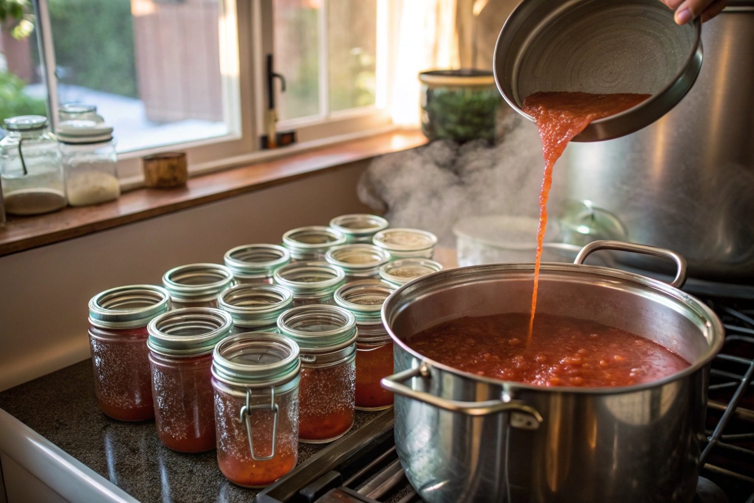 Illustration of boiling tomato sauce and filled glass jars on stovetop canning rack