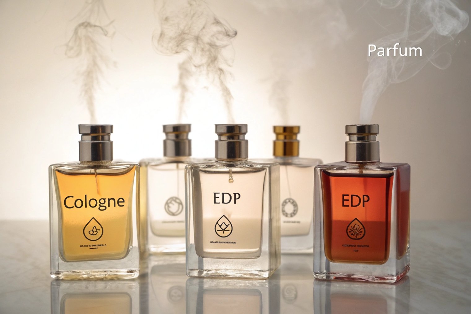 line of perfume bottles labeled Cologne, EDP and Parfum showing different strengths