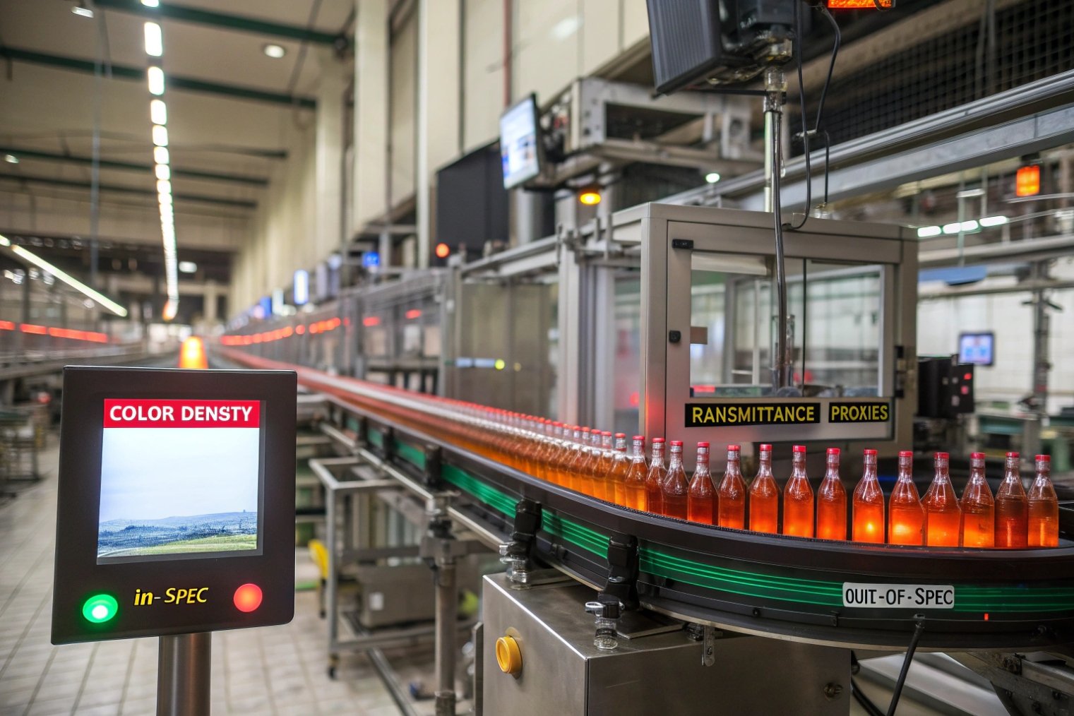 Automatic inspection system checking color density and transmittance of filled glass bottles