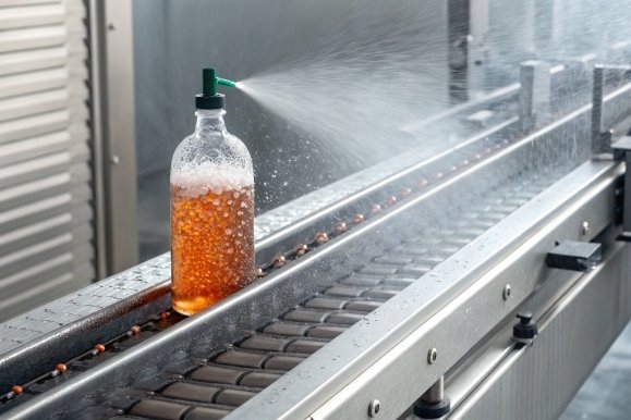 Bottle on conveyor being sprayed with water for rinsing and cooling in production line