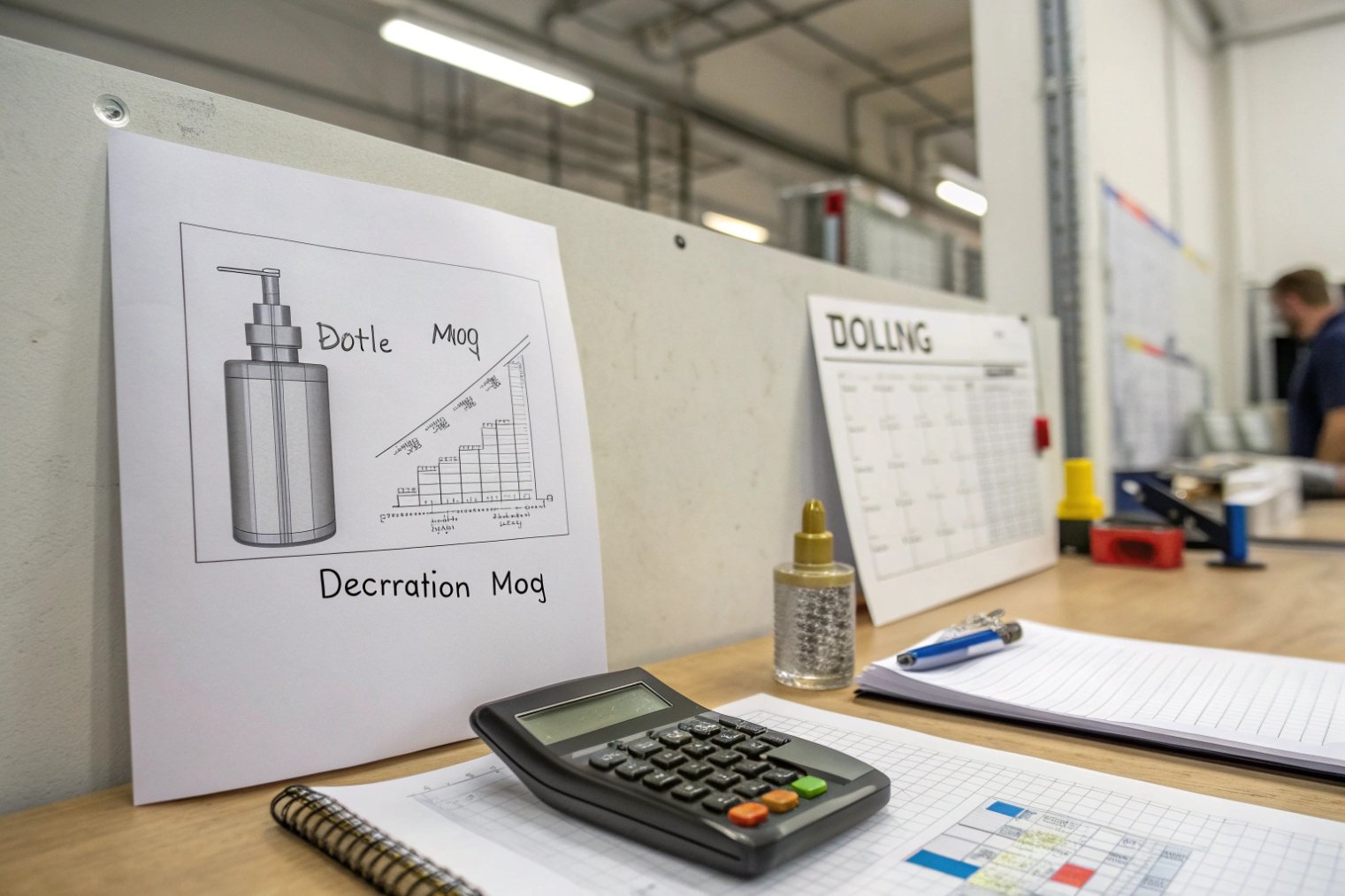 factory office desk showing pump bottle MOQ chart calculator and scheduling paperwork