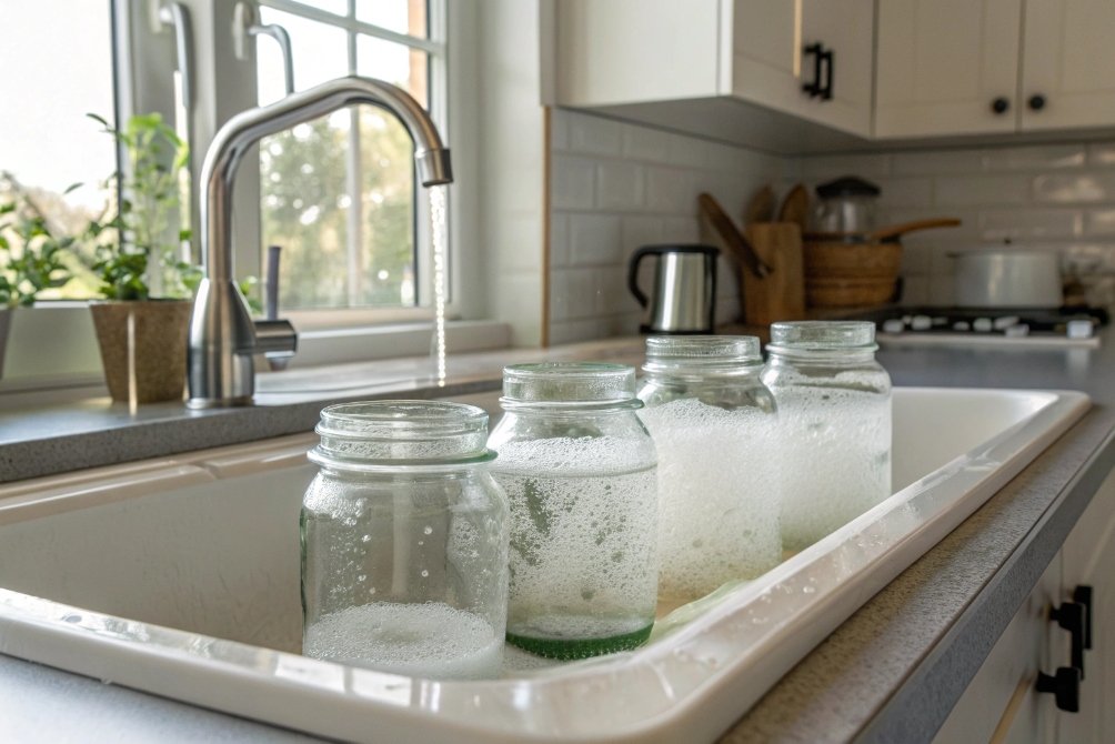 Cleaning glass jars in sink under running water