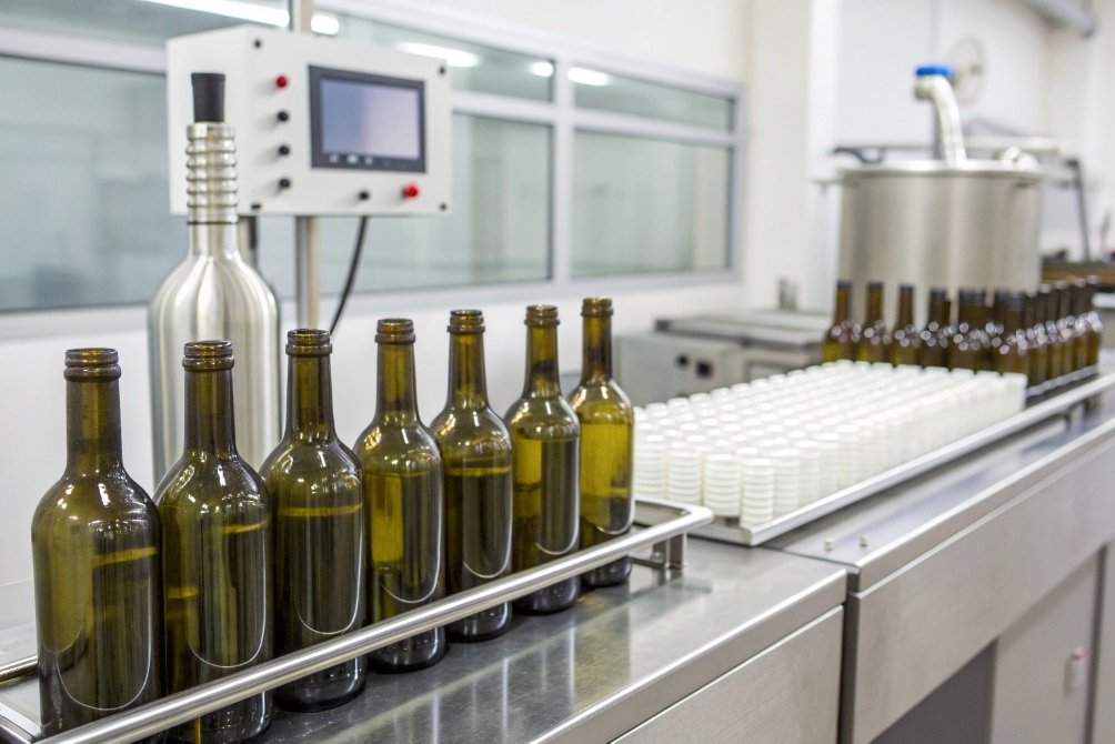 Clean olive oil glass bottles queued on automated capping and filling line