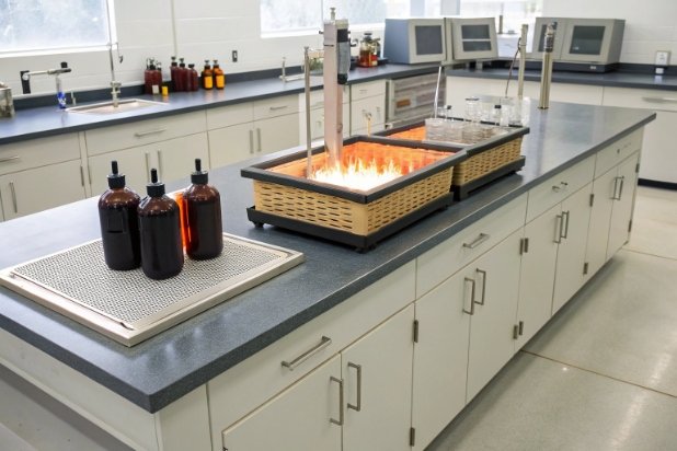 Laboratory bench with thermal bath and amber bottles for heat resistance testing