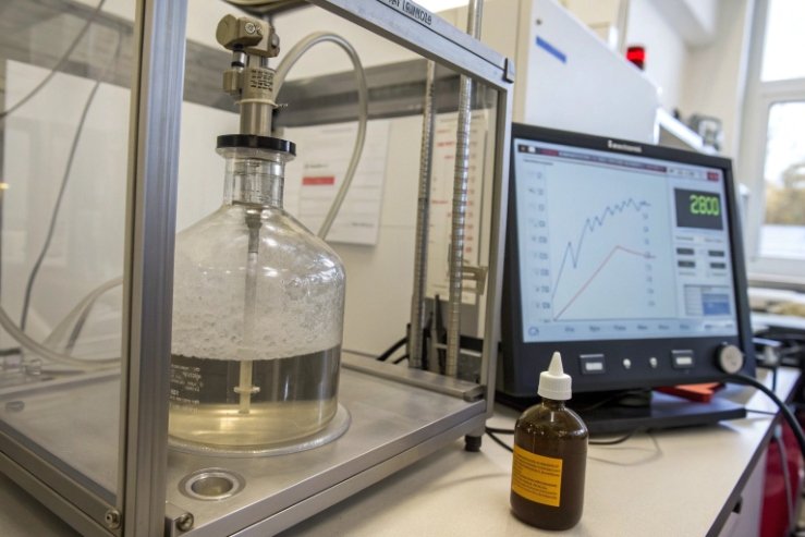 Laboratory foam test of beverage in glass flask with performance graph on monitor