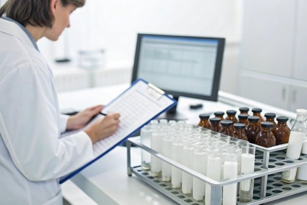 Technician recording quality data beside glass vials and amber bottles in lab inspection