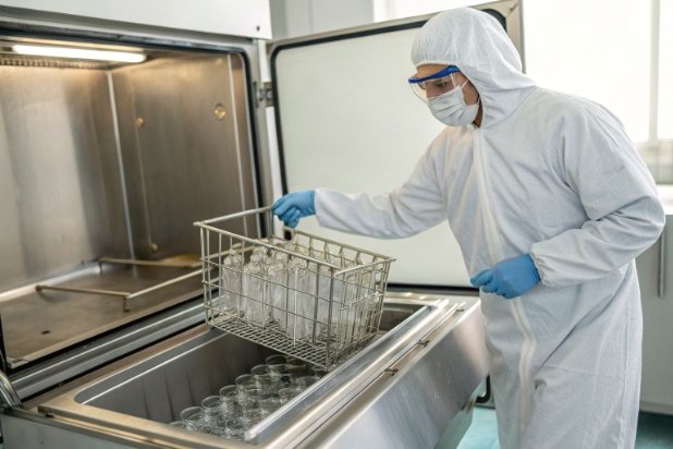 Quality inspector loading glass bottles into industrial washer in cleanroom