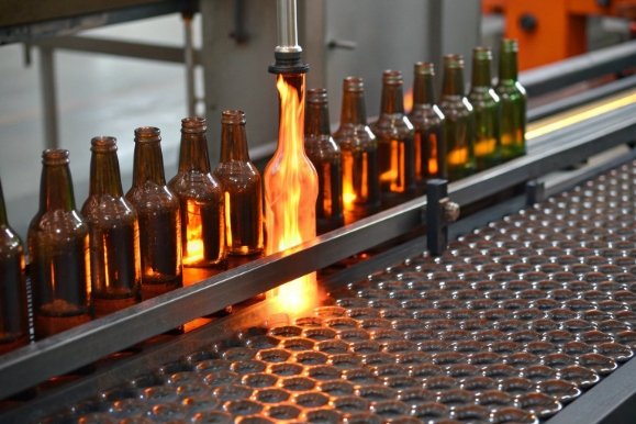 Glass bottles on production line passing flame treatment for sterilization and surface conditioning