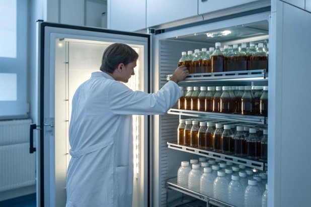Lab technician checking bottled samples in temperature chamber for stability testing