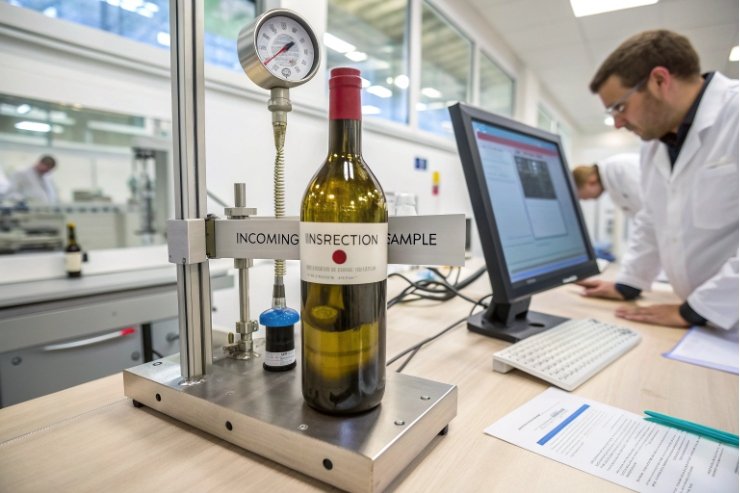 Wine bottle incoming inspection with pressure gauge as technician records QA results.