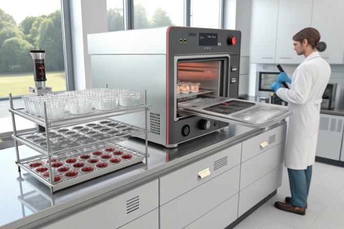 Laboratory oven test setup with glass samples and technician for durability compliance checks.