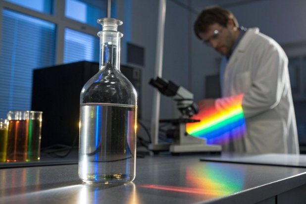 Scientist analyzing liquid with rainbow spectrum light for optical testing and quality control